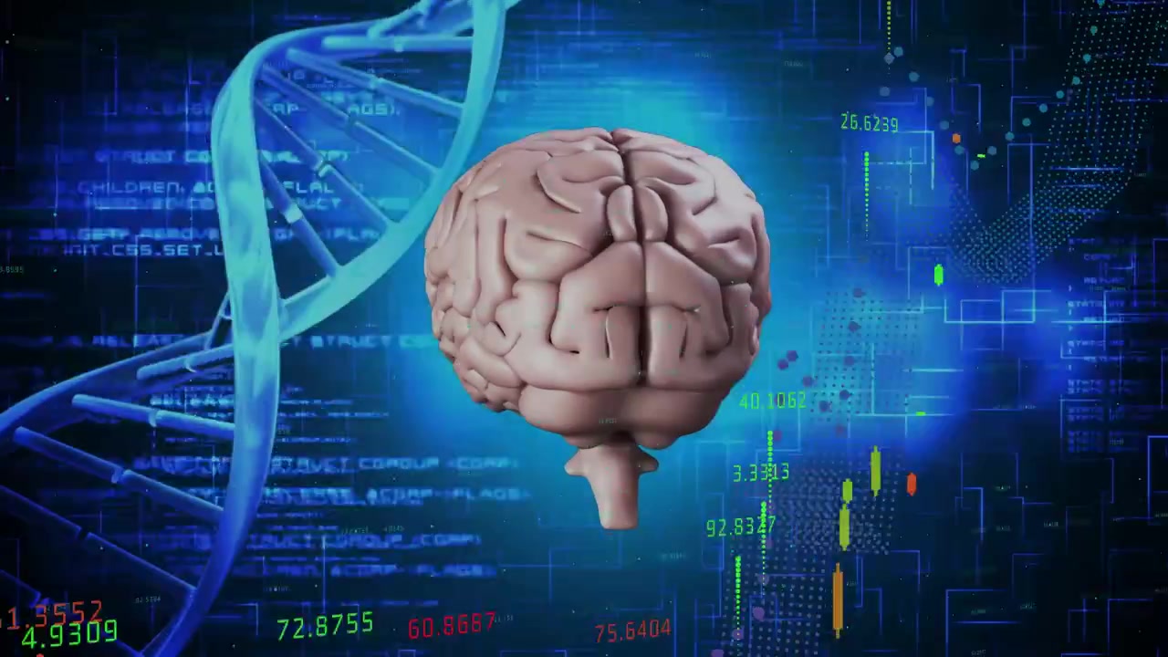 Magenta guide line animating midline brain model rotating, cyan mesh mapping DNA-linked neural data