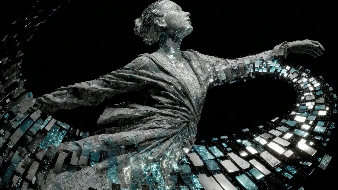 A mesmerizing figure in motion, elegantly captured within a swirl of digital tiles and shimmering light, embodying the fusion of art and technology in a stunning visual display