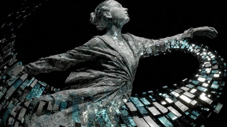 A mesmerizing figure in motion, elegantly captured within a swirl of digital tiles and shimmering light, embodying the fusion of art and technology in a stunning visual display