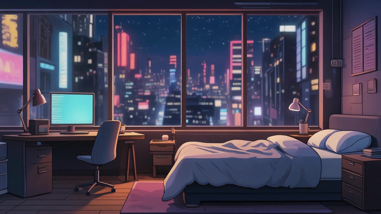 Camera da letto accogliente con vista sull'orizzonte della città di notte