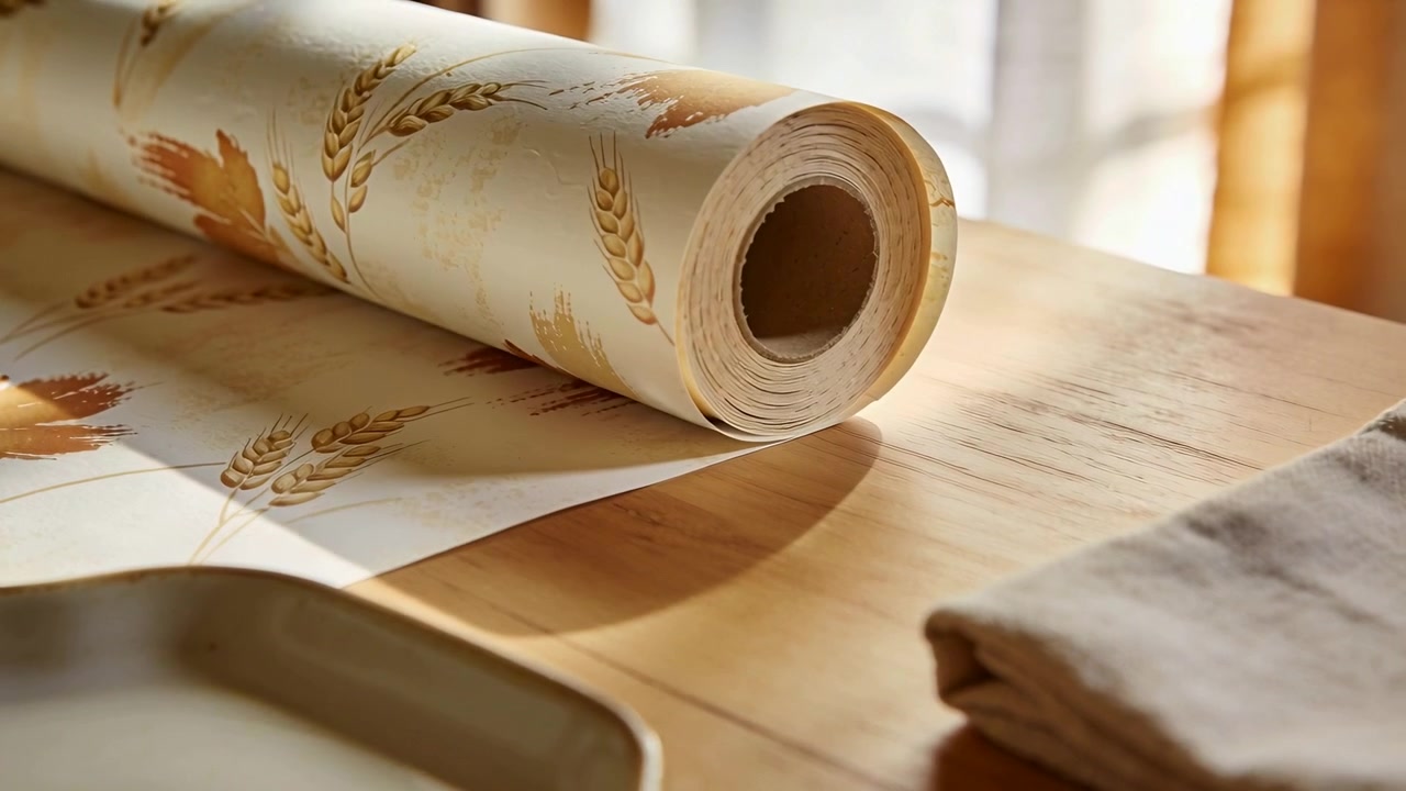 Moving camera revealing wallpaper roll on tabletop, highlighting wheat motif, plate and linen
