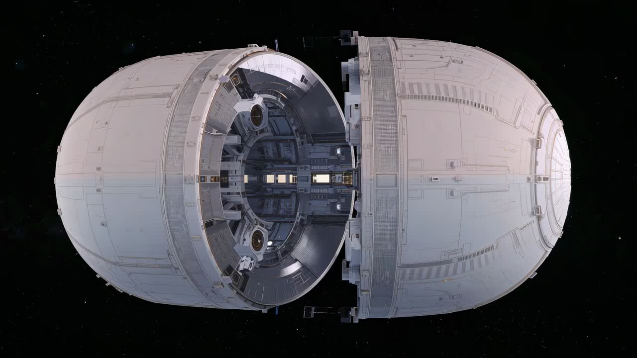 Separating spacecraft halves exposing docking collar and interior ribs in space, latches retracting
