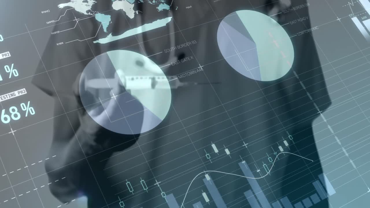 Animation of data processing over male doctor holding syringe