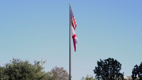 steady shot of the american flag and alabama state flag waving on a pole against a clear blue sky. the flags ripple in the wind, symbolizing state pride and national unity.