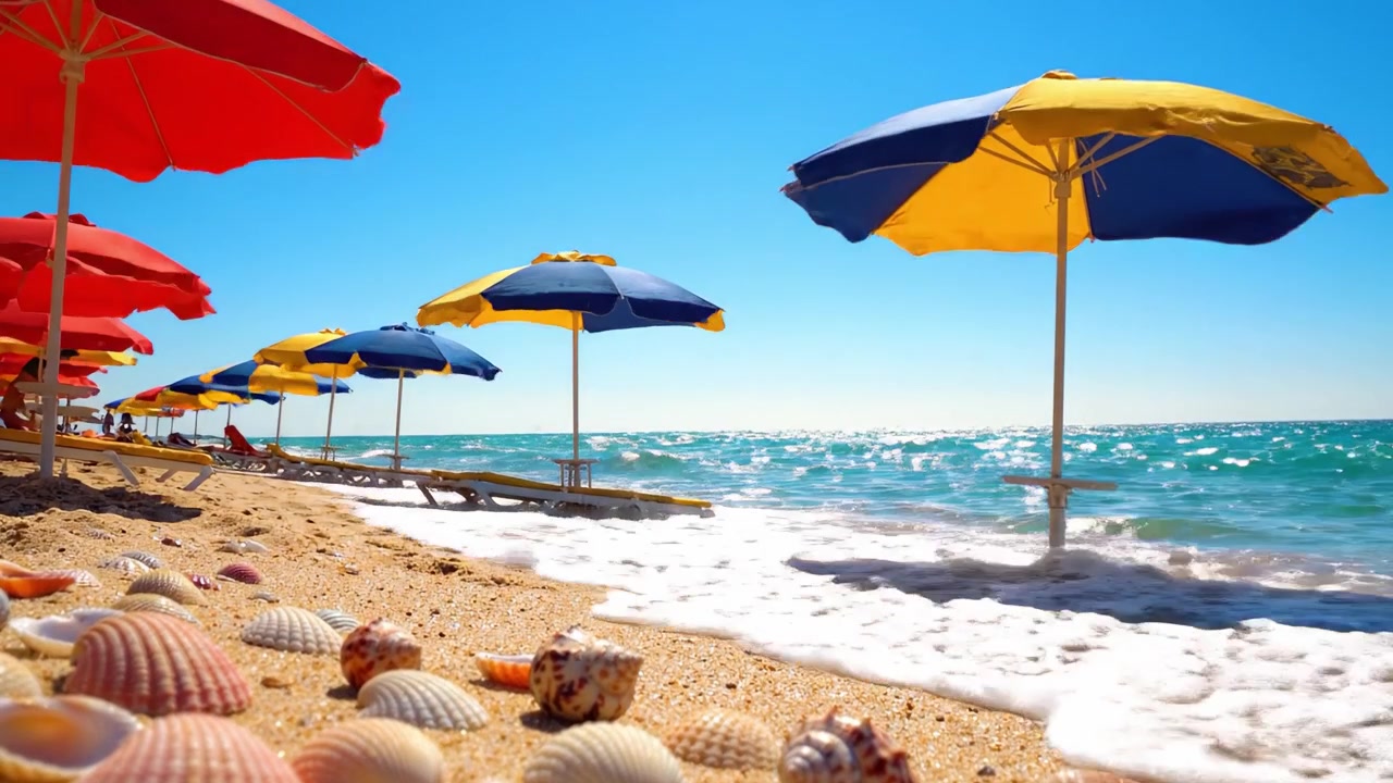 Een schilderachtig strandzicht met kleurrijke parasols en levendige schelpen op een zonnige dag, perfect voor ontspanning en genot bij de oceaangolven