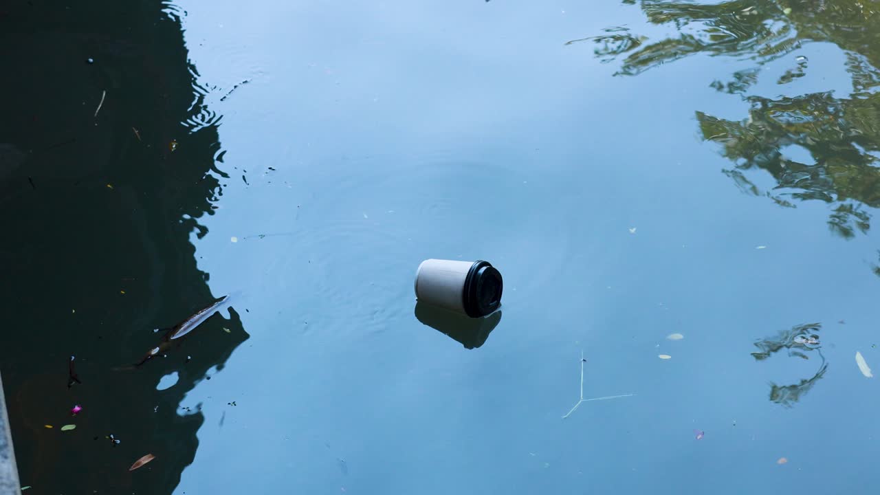 A coffee cup drifts along a calm canal, reflecting environmental concerns. Natural lighting highlights the serene yet polluted water
