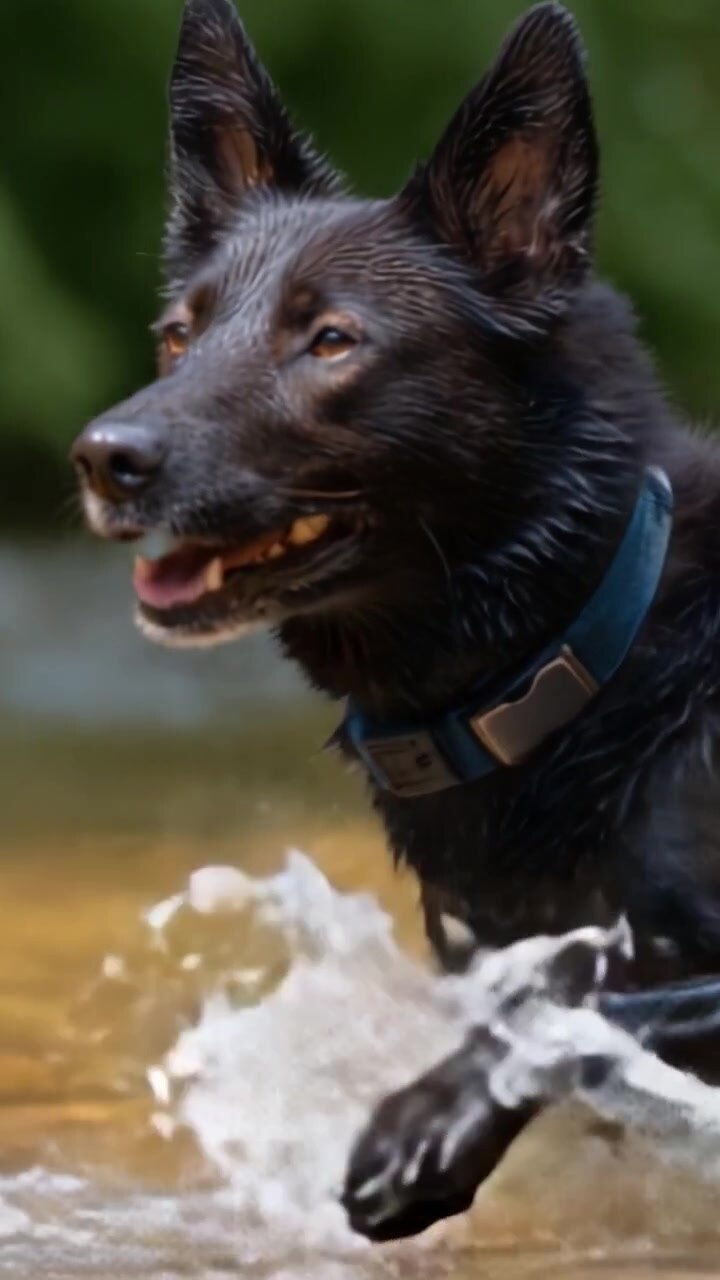Un giocoso cane nero sguazza in un ruscello poco profondo, mettendo in mostra il suo pelo lucido e bagnato e la sua espressione allegra mentre gioca nell'acqua durante una giornata di sole.