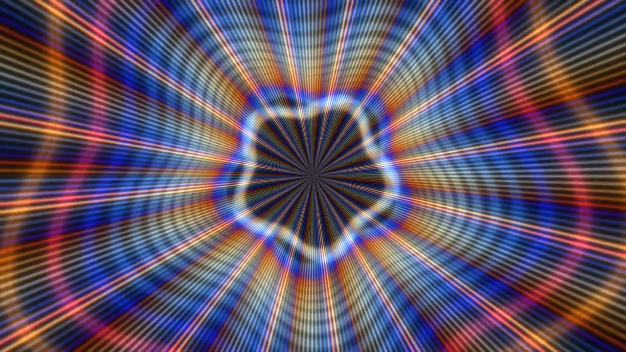 Un motivo vorticoso di colori crea un effetto tunnel con linee radianti. Il design presenta un mix di tonalità blu, arancioni e bianche. Raggi di luce si espandono verso l'esterno da un punto centrale