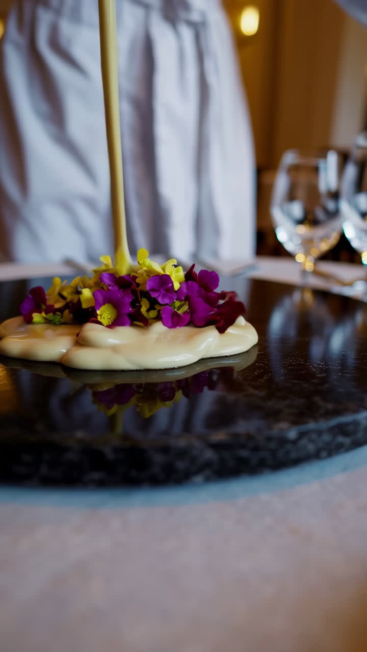 A chef meticulously plating a gourmet dish with sauce and edible flowers in a fine dining restaurant
