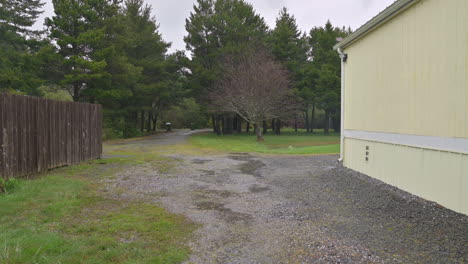 generic yellow house with trees in a rain storm