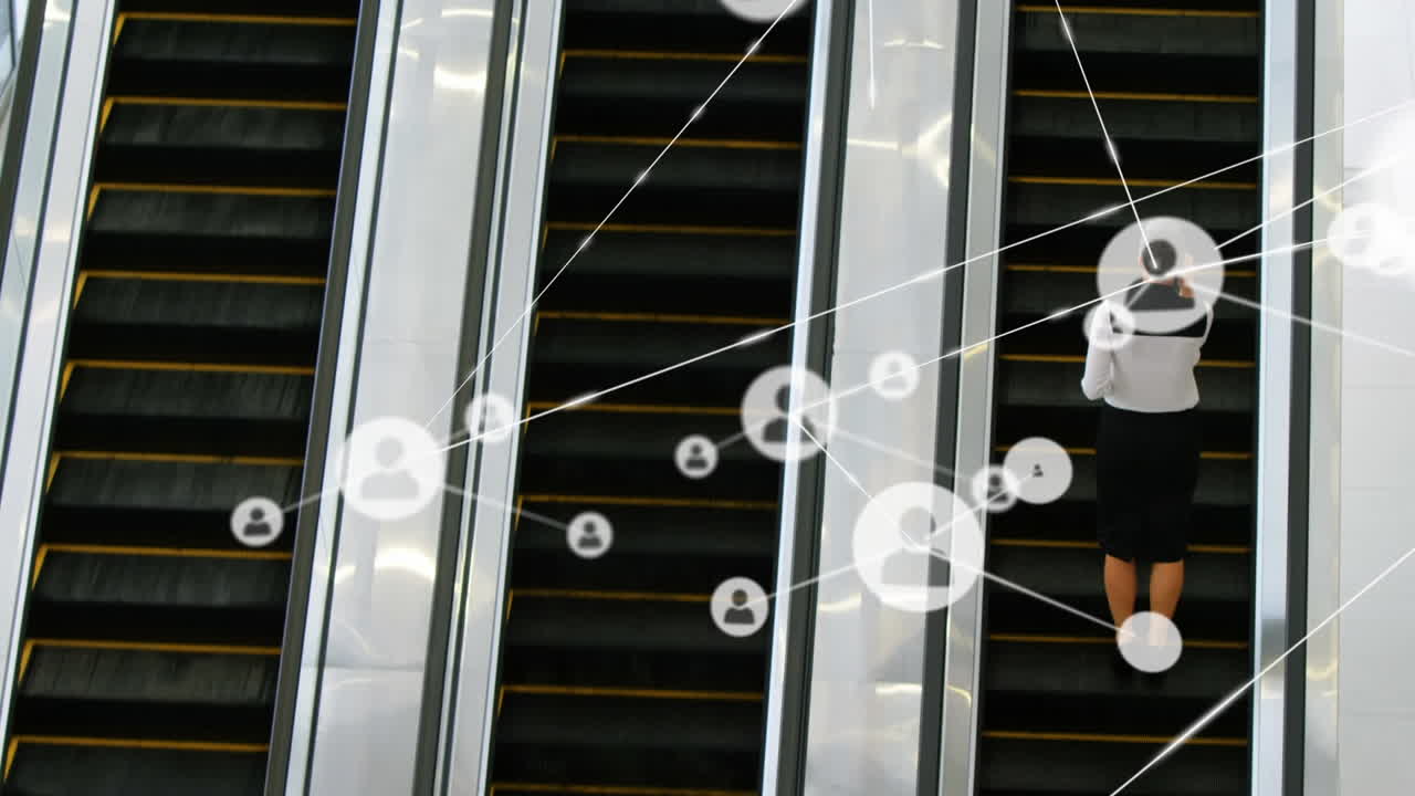 Animation of network of connections with icons over businesswoman on escalator