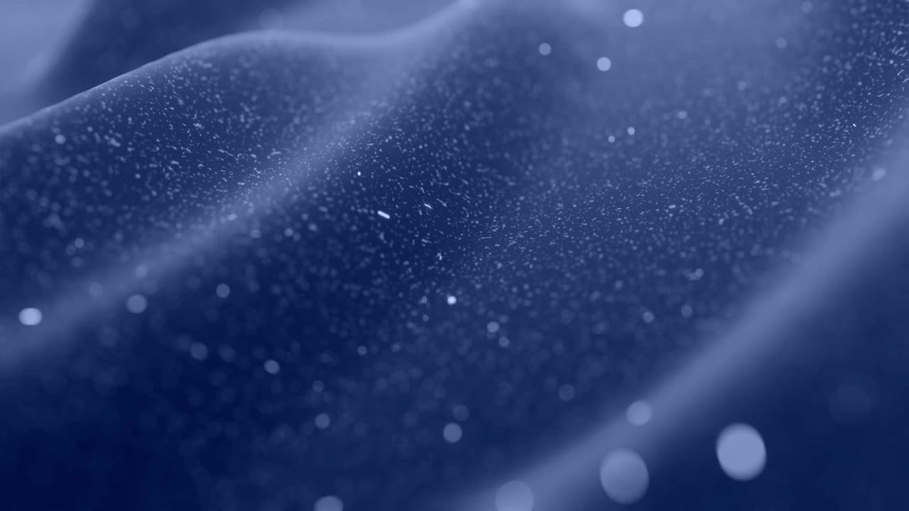 Stylish festive black bg. Fantastical abstract looped background, waves move on glossy surface like landscape made of liquid blue wax with sparkles. Beautiful soft background with smooth animation 4k