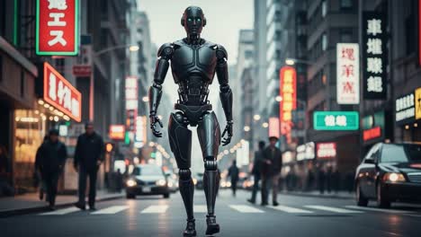 a futuristic robot stands in a bustling urban street, surrounded by neon signs and people, illustrating the intersection of technology and humanity in a modern cityscape