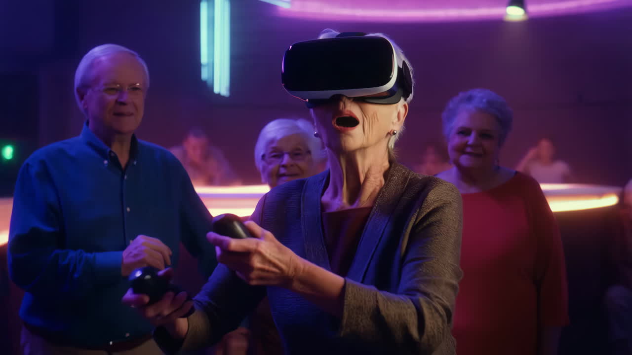 Elderly woman enjoying virtual reality gaming with a group of seniors