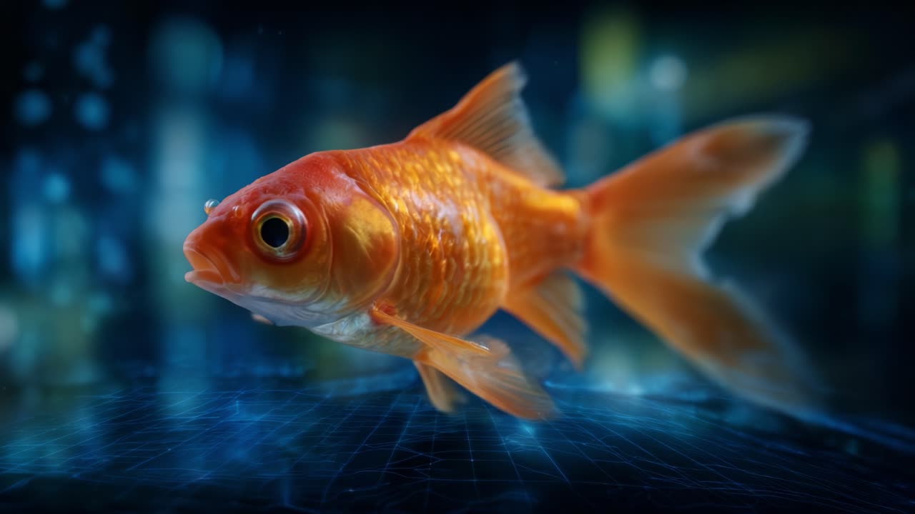 En pragtfuld guldfisk, der svømmer elegant gennem et digitalt miljø og viser sine levende orange skæl og fine finner i en fantastisk undersøisk scene.