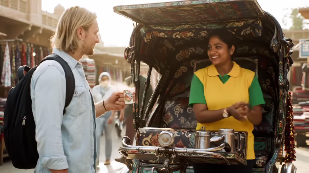 A joyful encounter between a traveler and a local vendor in a vibrant marketplace, sharing a cup of aromatic tea amidst colorful textiles and warm sunlight