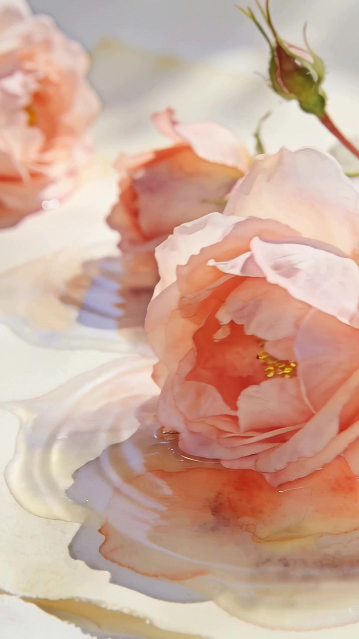 Video verticale: La telecamera si sposta rivelando rose rosa pesca su un tavolo bianco, con goccioline.
