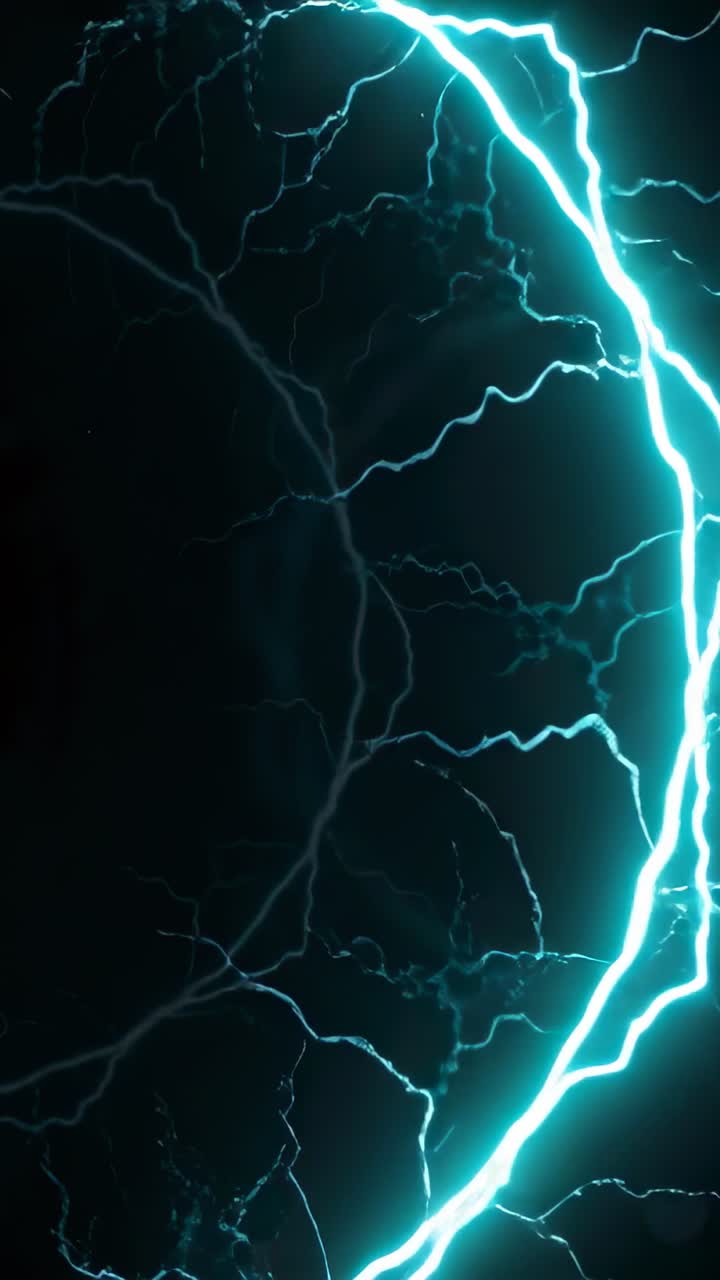 Vertical video: Pulsing cyan arc after surge in dark void, emitting tendrils, teal wisps and sparks