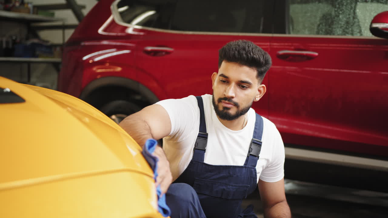 차고에서 노란색 차를 청소하는 남자