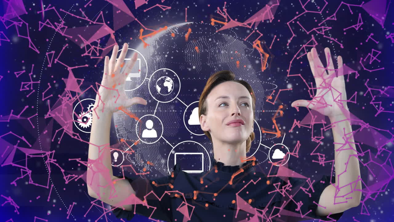 Interacting with animation, woman surrounded by digital technology icons and shapes