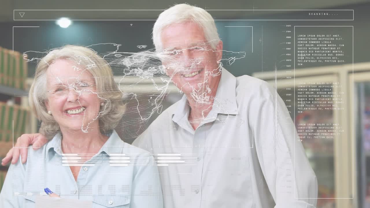 Animazione di elaborazione dati finanziari con mappa del mondo su coppia caucasica anziana in negozio