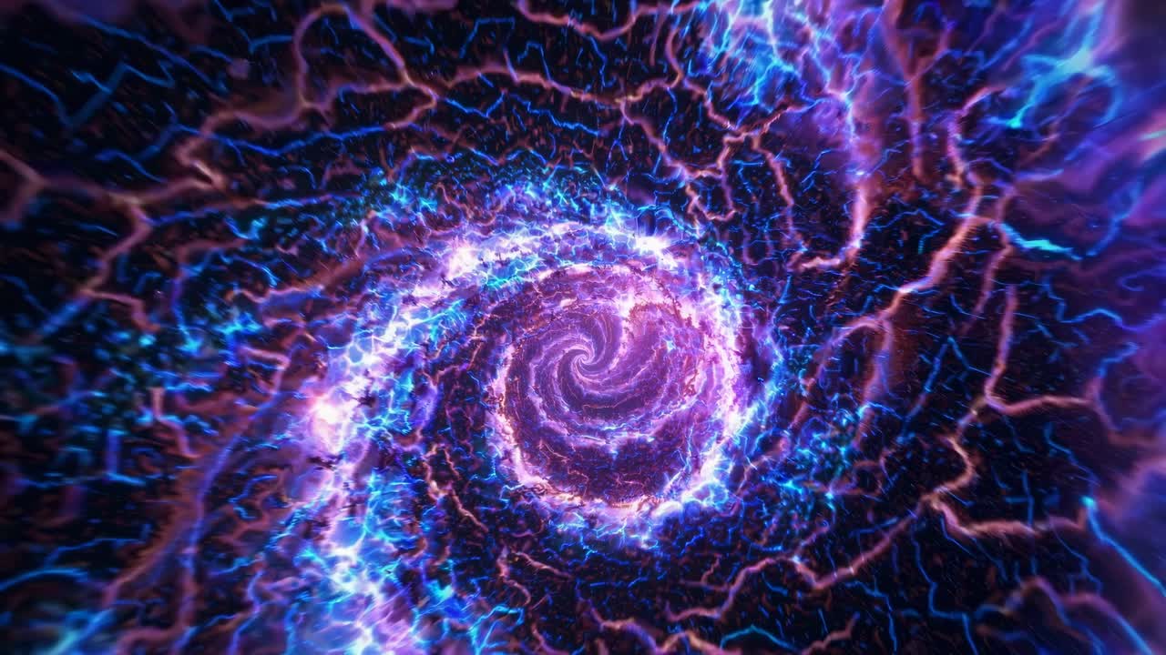 The video showcases a mesmerizing, swirling vortex of neon blue and purple energy, creating a cosmic