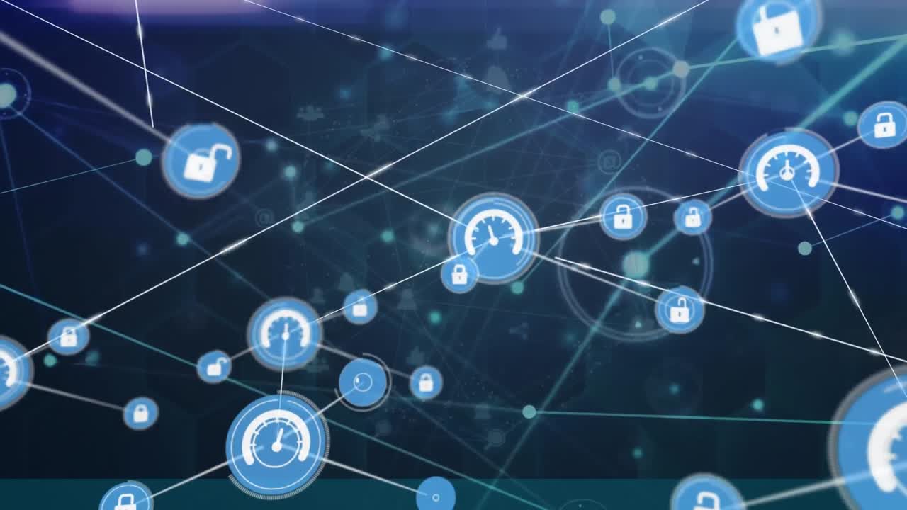 Animation of network of digital icons against light trails on blue background