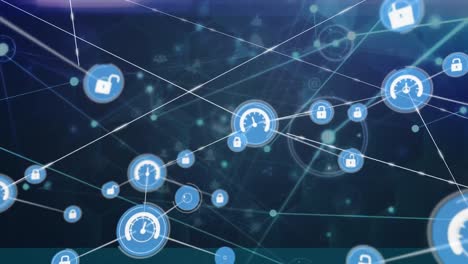 animation of network of digital icons against light trails on blue background