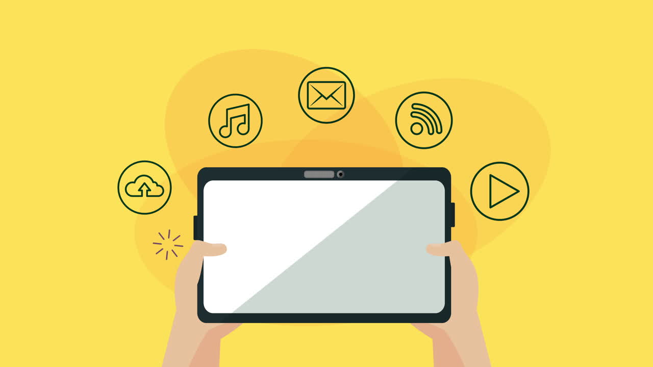 소셜 미디어 마케팅 애니메이션과 함께 태블릿을 사용하는 손