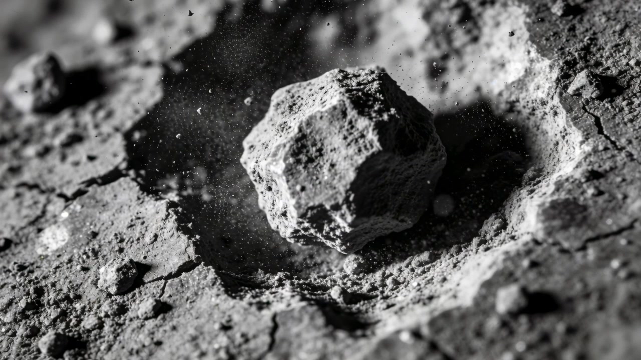Uscendo dallo stato di hovering, una roccia irregolare scende in un piccolo cratere su una superficie priva di atmosfera, espellendo polvere.