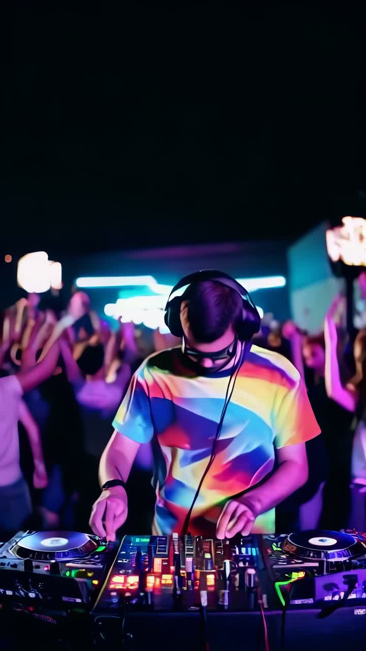 A DJ standing at the console, wearing large headphones as they focus on mixing tracks