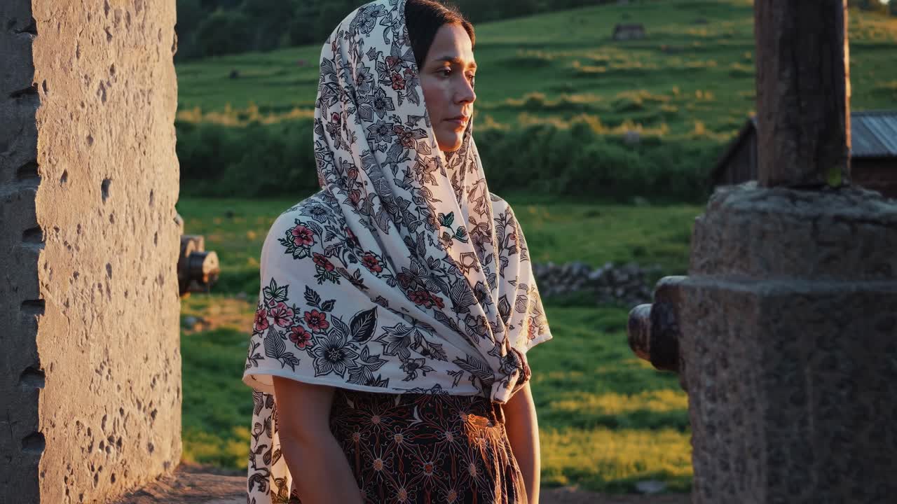 Bathed in the warm glow of the setting sun, a woman wearing a traditional floral headscarf stands serenely in a picturesque rural landscape, embodying tranquility and connection to nature