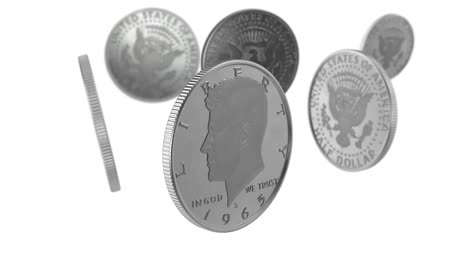 las monedas de medio dólar estadounidenses se están girando en fondo blanco en resolución 4k con canal alfa