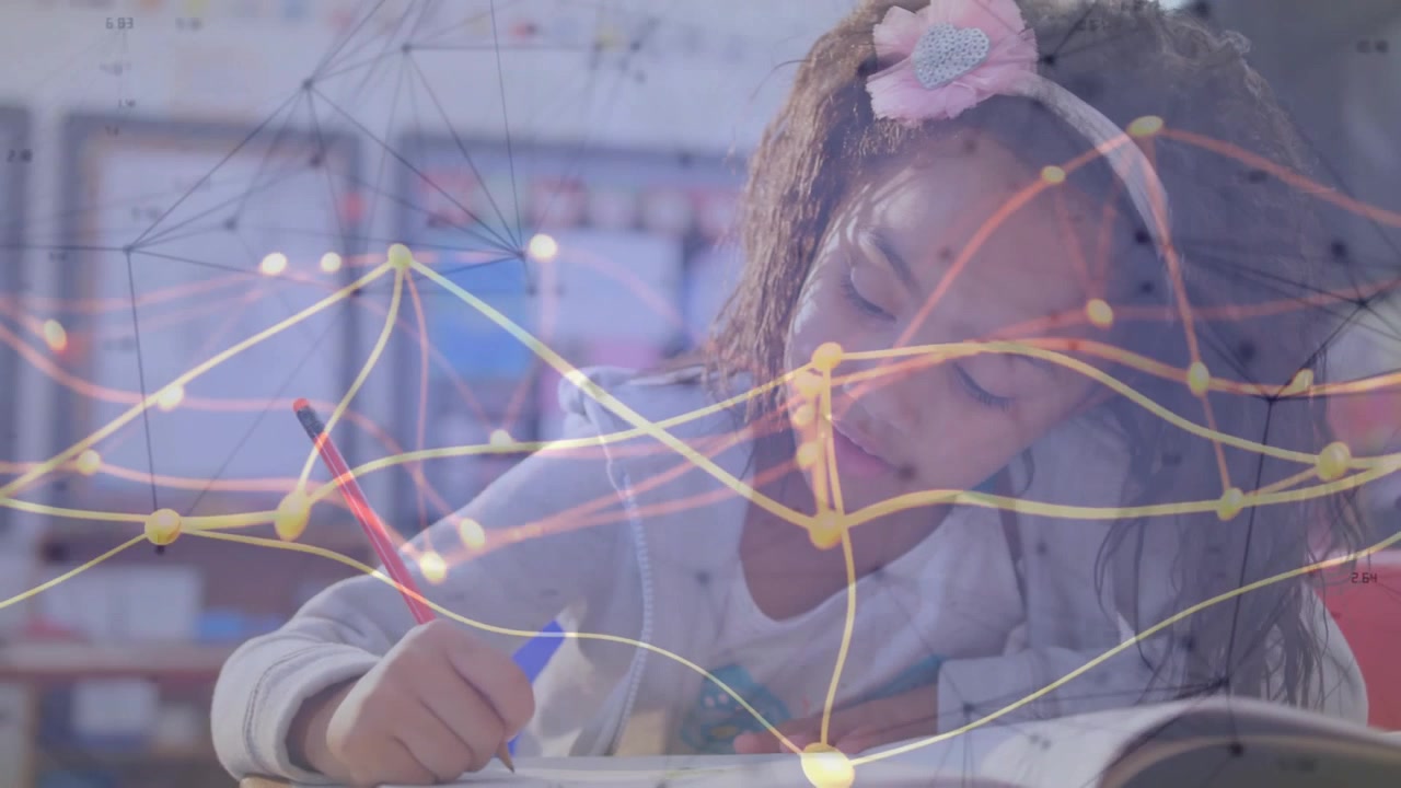 Young Girl Studying with Digital Data Overlay in Classroom