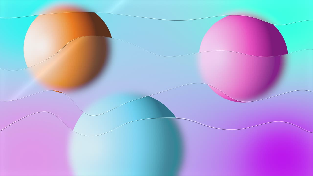 Et problemfrit loop af farverige 3D-kugler, der bevæger sig bag frostede, bølgende glasoverflader. Moderne abstrakt baggrund med livlige blå, lilla og orange farver til teknologiske og kreative projekter.