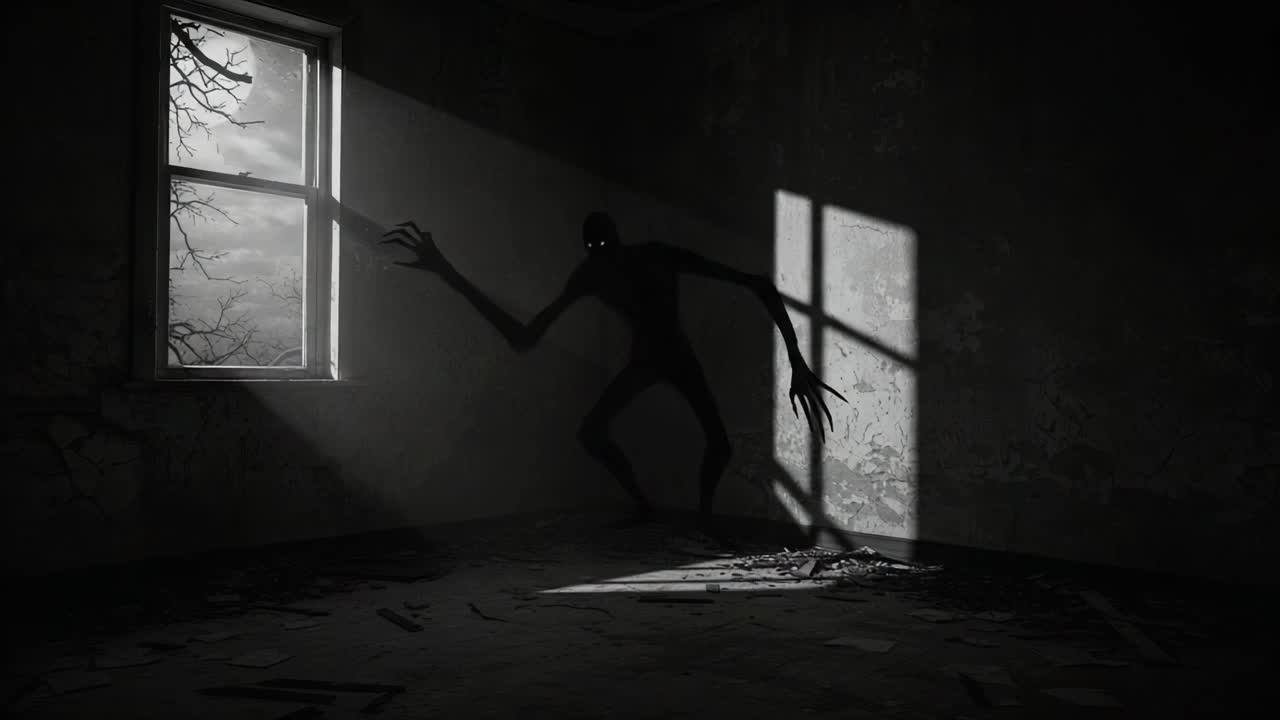 A Sinister Shadowed Figure Lurks in an Abandoned Room with Sparse Light Breaking Through the Windows, Emanating a Chilling Atmosphere of Mystery and Fear