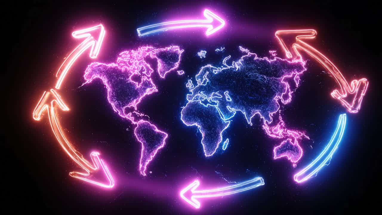 Colorful glowing arrows rotating around a detailed neon world map on a dark background, symbolizing global connection, international business, trade, and worldwide data exchange