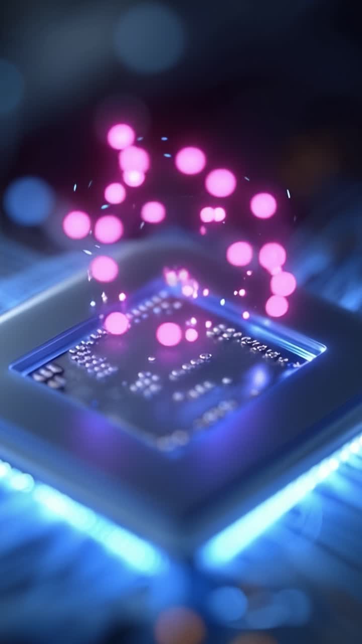 Fremvisning af avanceret teknologi: Dynamiske billeder af en Central Processing Unit med funklende energipartikler og futuristiske lyseffekter