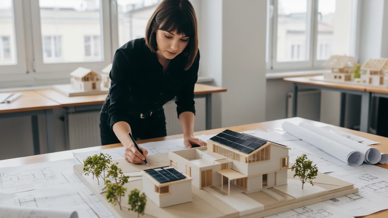 A Young Architect Engaged in Detailing a Modern Architectural Model with Sustainable Features in a Bright, Creative Workspace Setting
