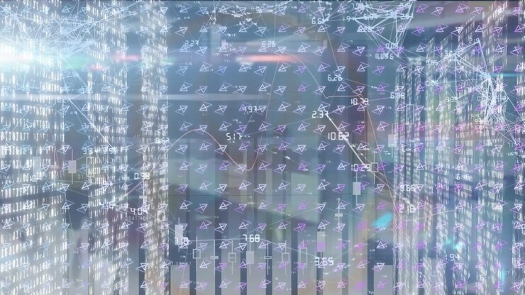 Animation of moving lines with triangles, blue lens flare between bar graphs