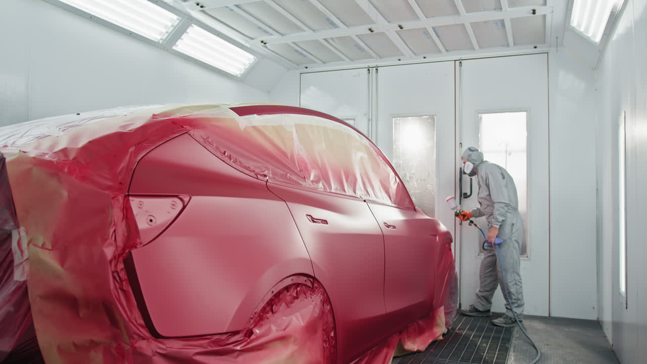 pintura de coche rojo en una cabina de pintura