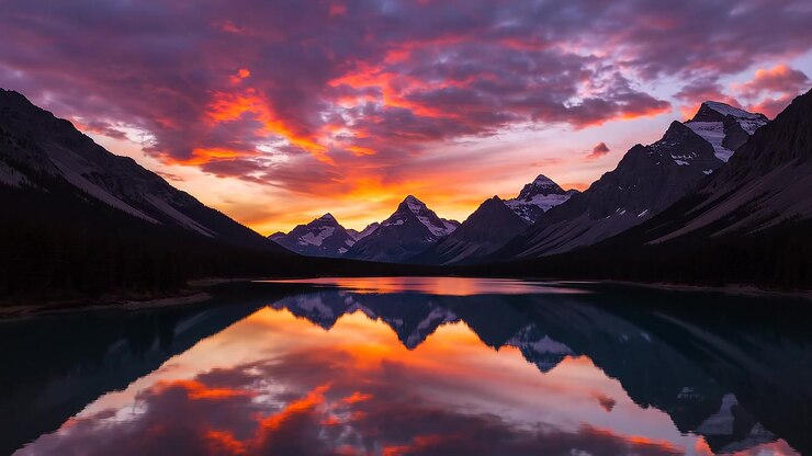 Tramonto vivido che si riflette in un tranquillo lago alpino