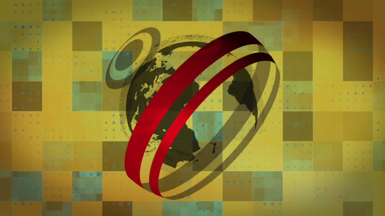 Rotating globe with concentric circles animation on pixelated yellow and blue background