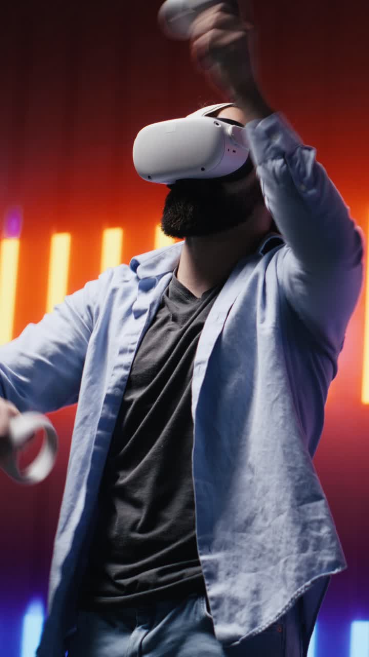 Vertical Video Young person with high tech VR gadget in a neon lit night scene