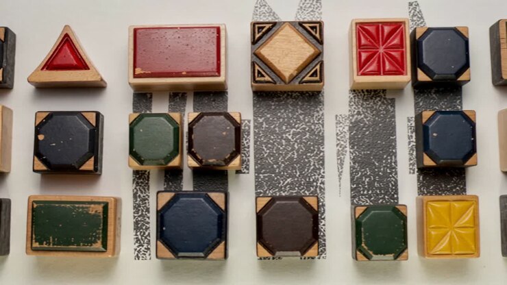 Panning camera revealing wooden tiles on whiteboard with black strips, showing worn surfaces