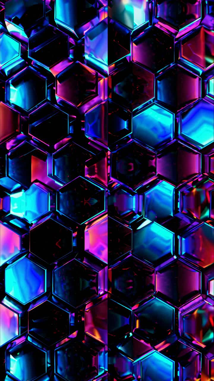 Vibrant hexagonal pattern with neon colors, viewed from a top-down angle, creating a futuristic