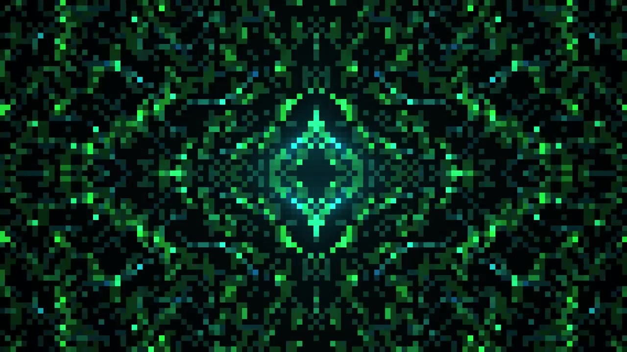Motivo Caleidoscopico Dinamico in Pixel Art Verde e Blu