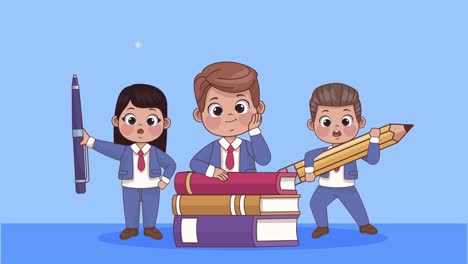 three students kids with supplies animation