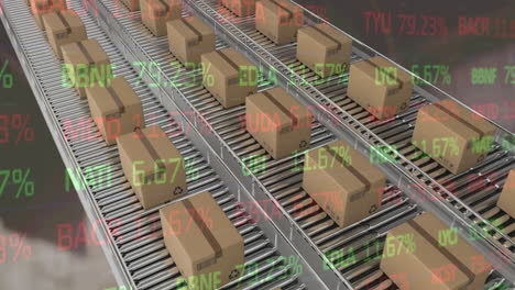 stock market data processing against multiple delivery boxes on conveyor belt