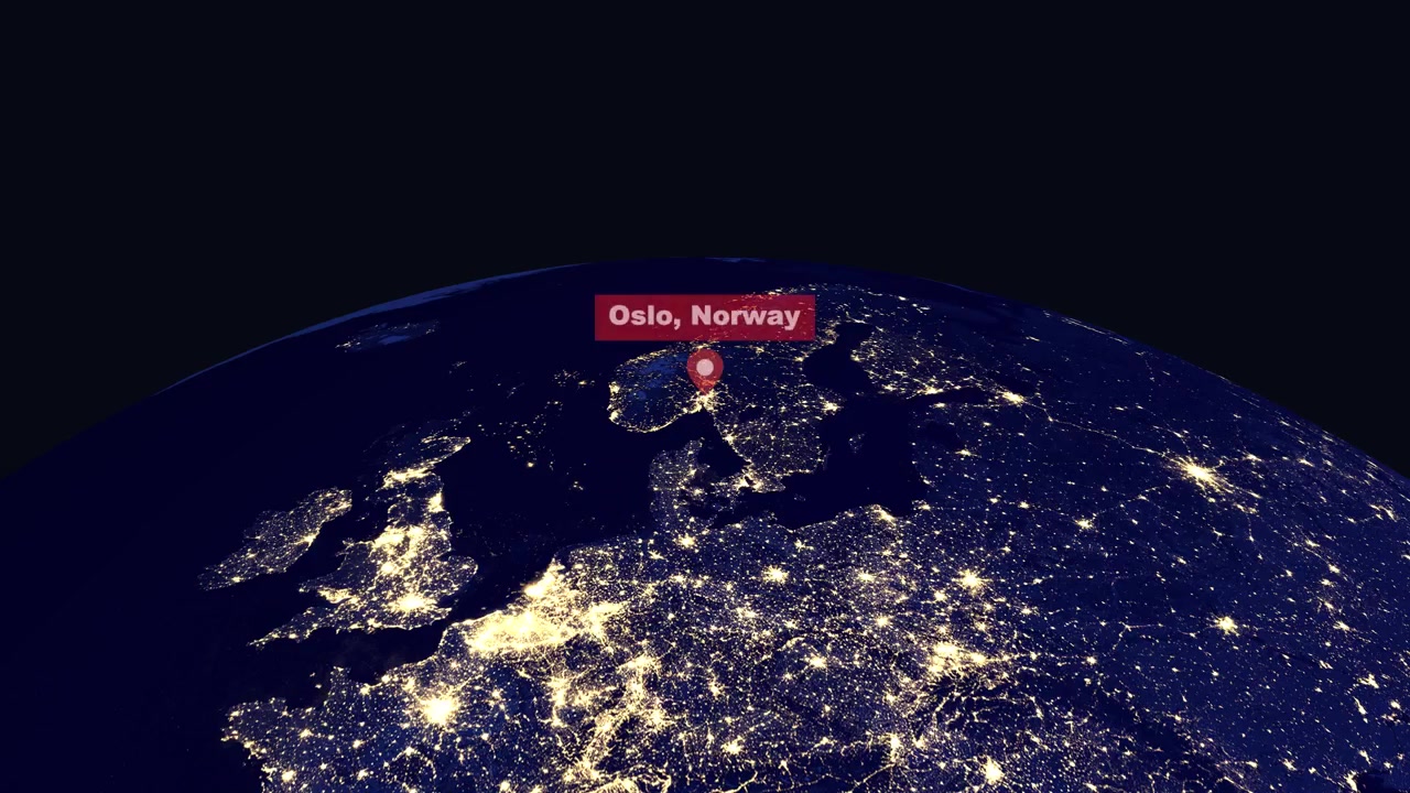 Animazione digitale zooma dallo spazio esterno a una vista notturna dell'Europa, individuando Oslo, Norvegia.